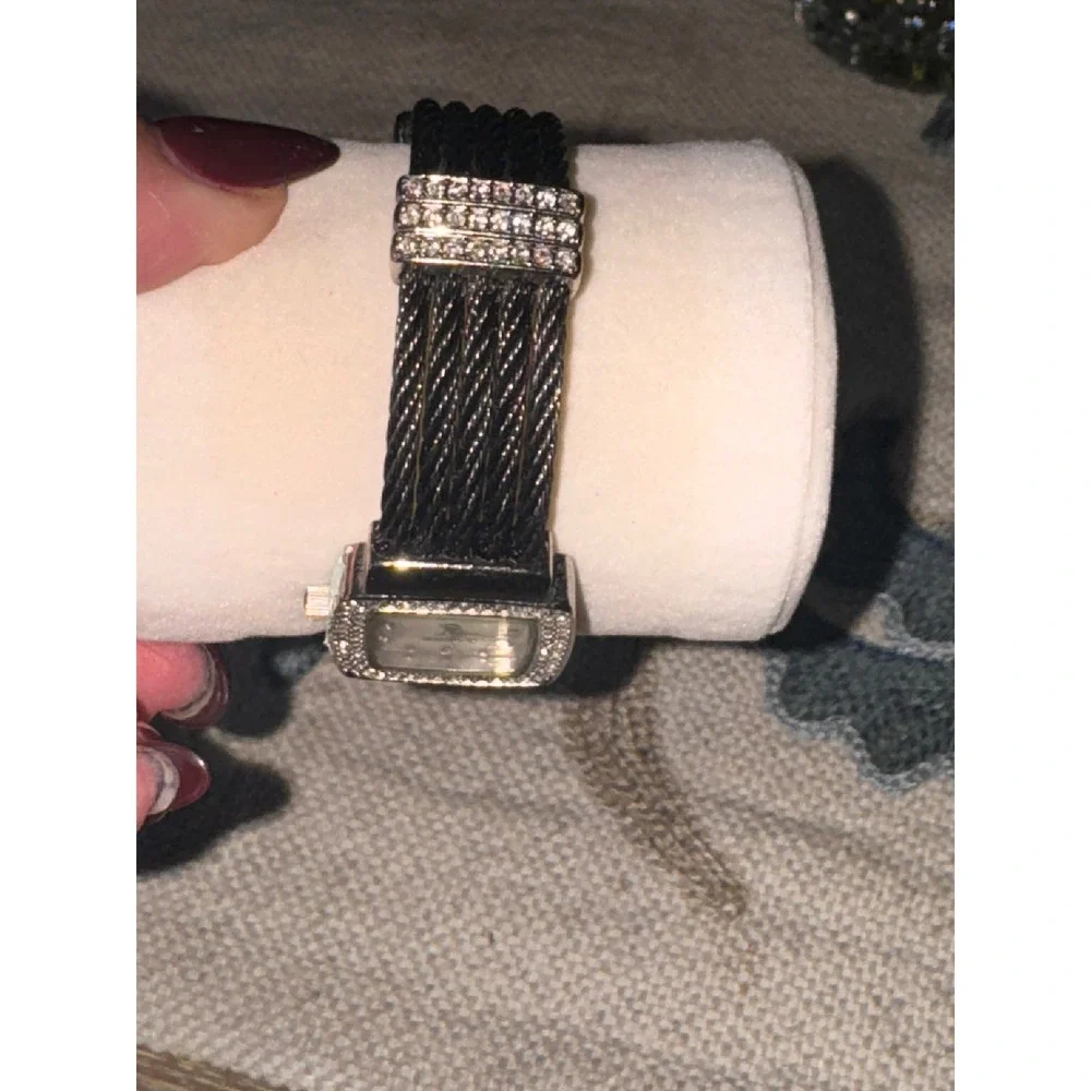 Chicos Square Crystal Accented Watch Black Cable Band Mother of Pearl Dial‎